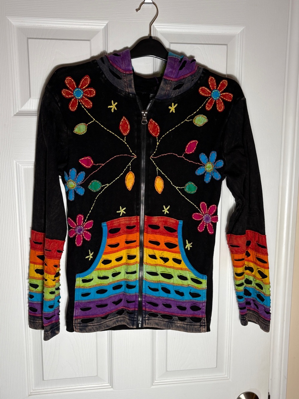 Rainbow Hooded Cotton Jacket w/Embroidery & Appliqués Size XS/S Boho Hippie Fest